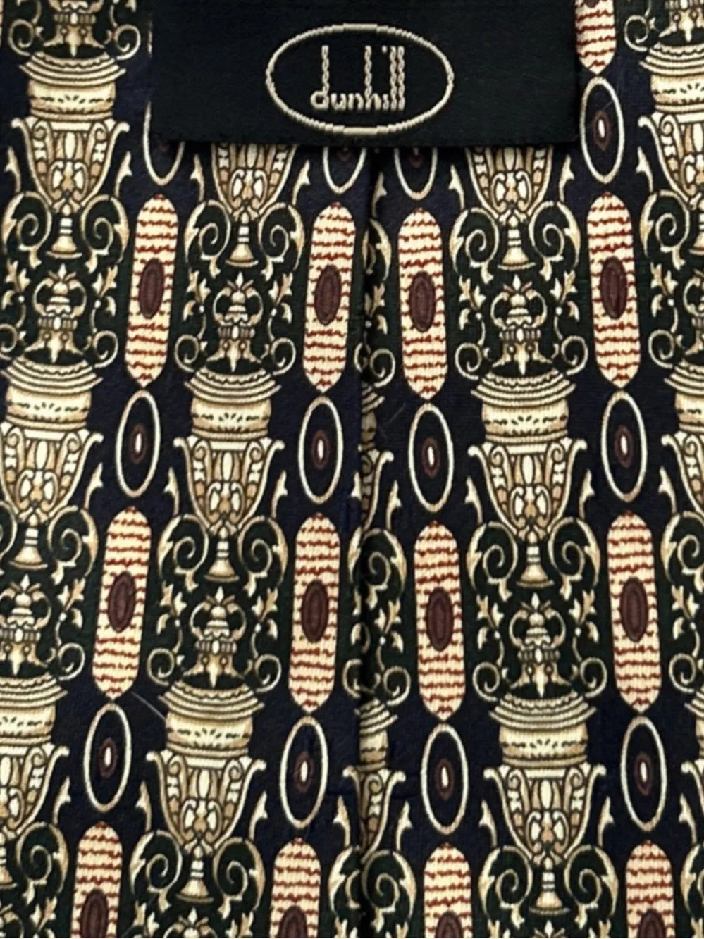 ⁠Vintage Dunhill Silk Tie Classic Urn Medallion Pattern Black Gold